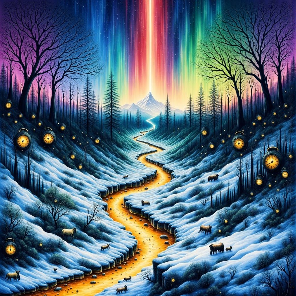 Surreal Winter Landscape with Melting Clocks and Liquid Gold...