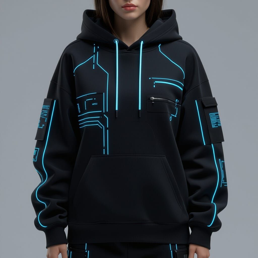 Futuristic Hoodie with Luminous Circuits, Cyberpunk Fashion