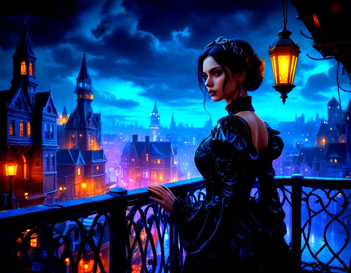 Gothic Woman Overlooks Steampunk City in Neon Lights