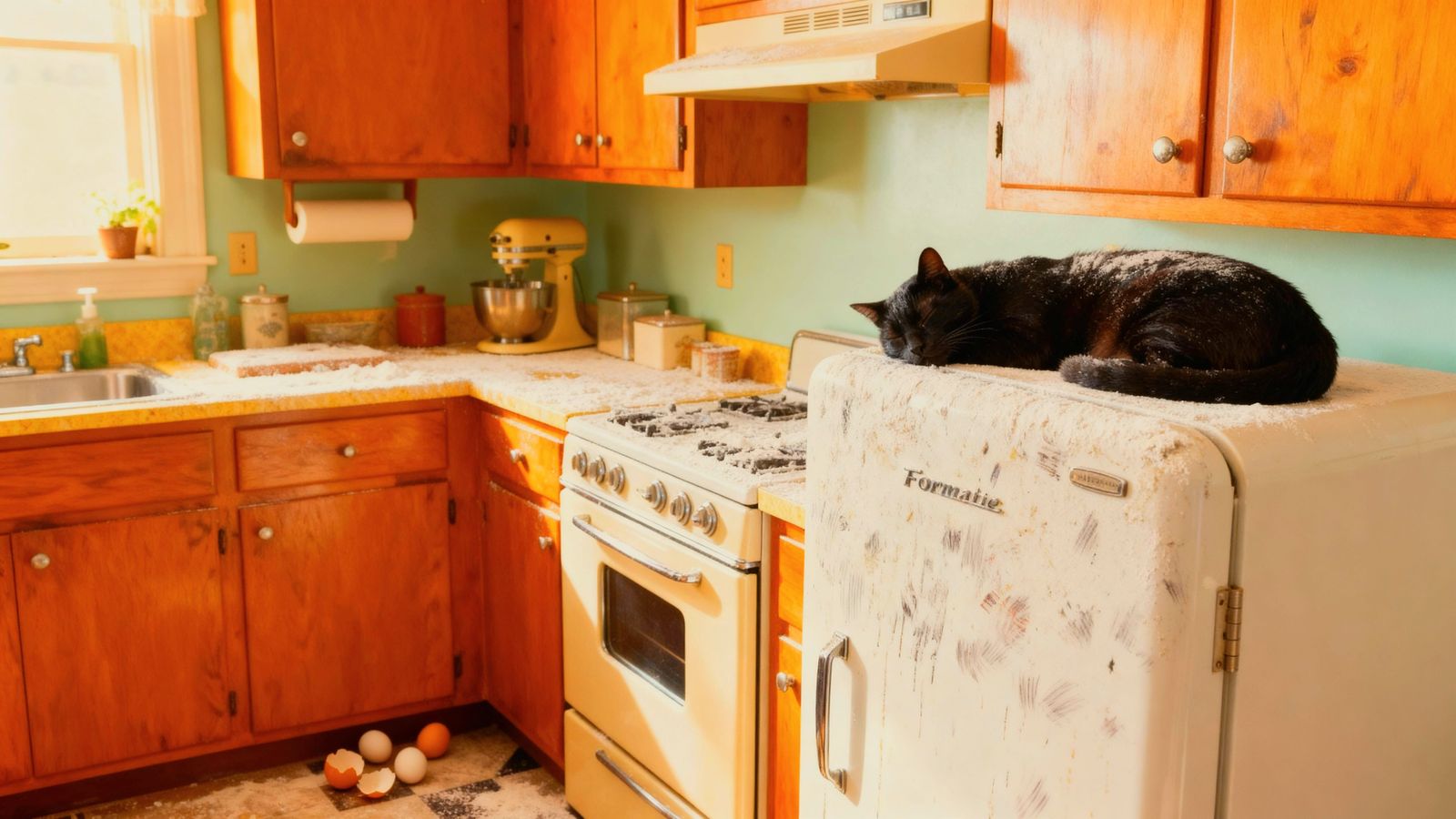 Retro Kitchen Chaos: Messy Breakfast Scene in Noir Style
