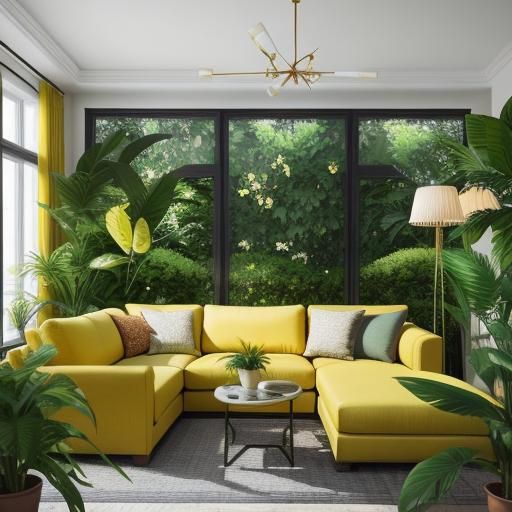 Luxurious Yellow Living Room with Plants, Professional Photo...