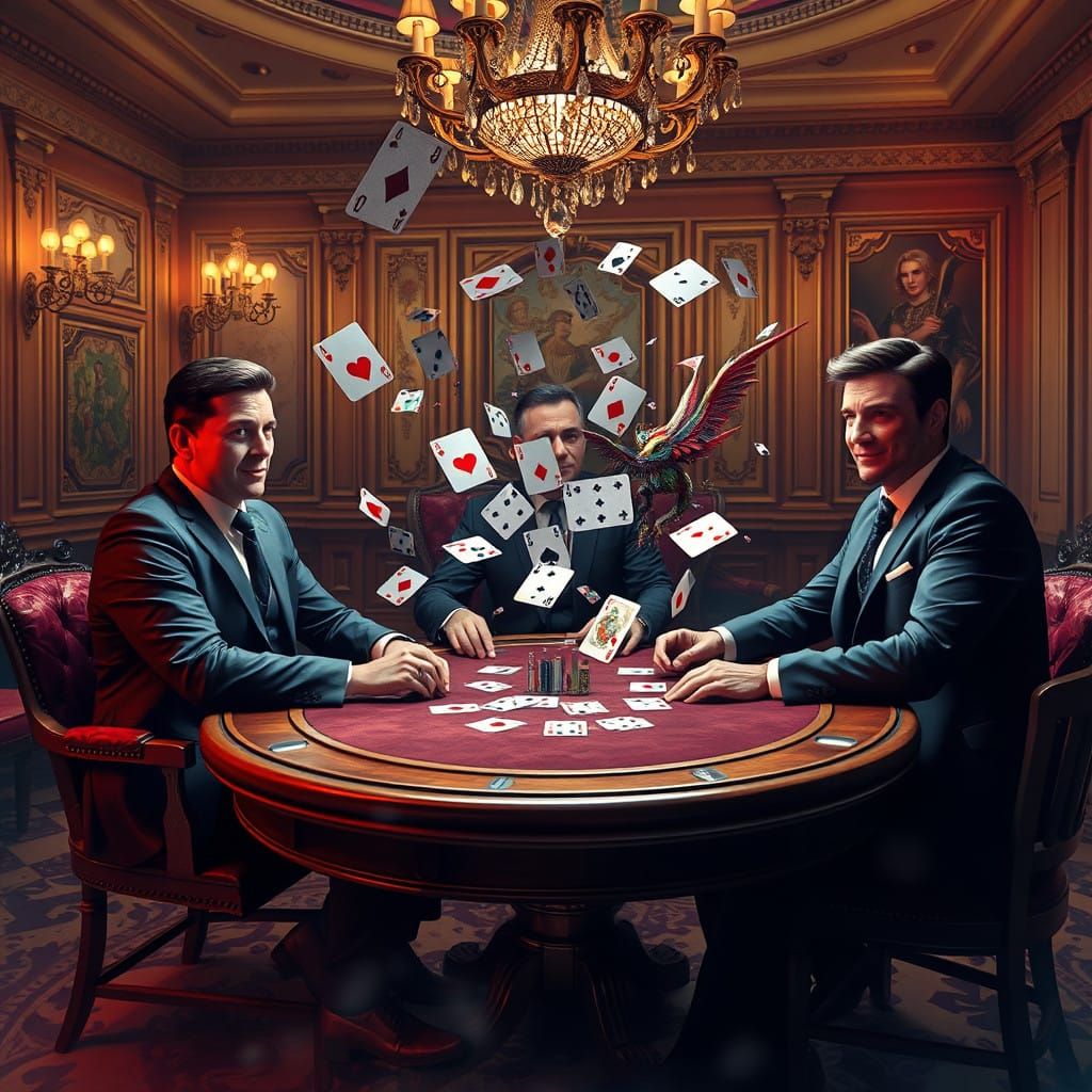 Dreamlike Poker Scene with Dancing Cards in a Lavish, Neon-L...