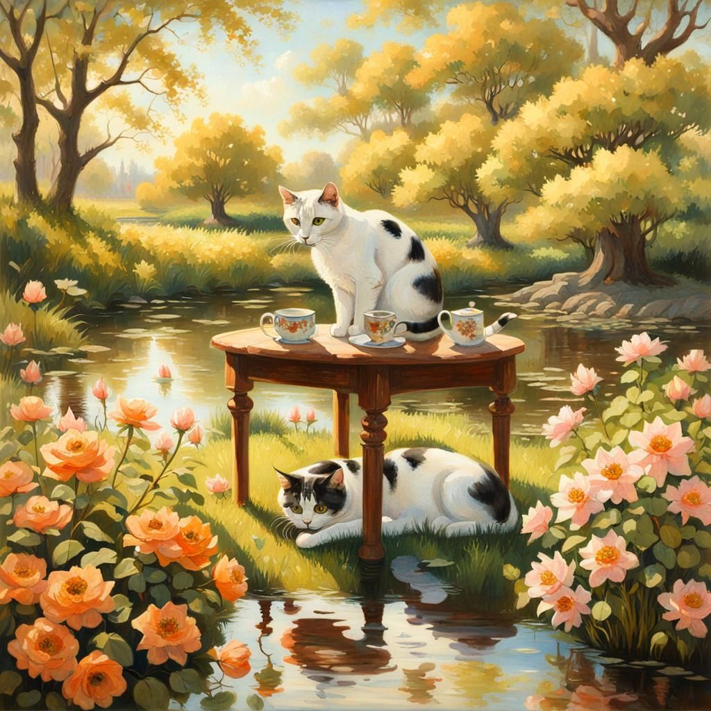 Victorian Cat Enjoying Tea in Spring Garden