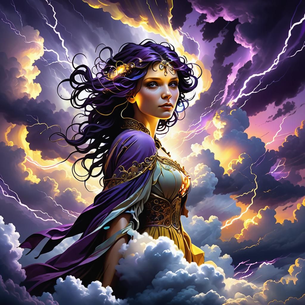 Radiant Being of Light Soaring Through Stormy Clouds