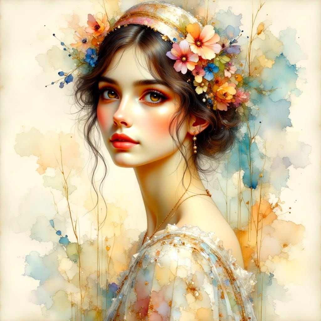 Delicate 1920s Watercolor Girl with Magical Aura