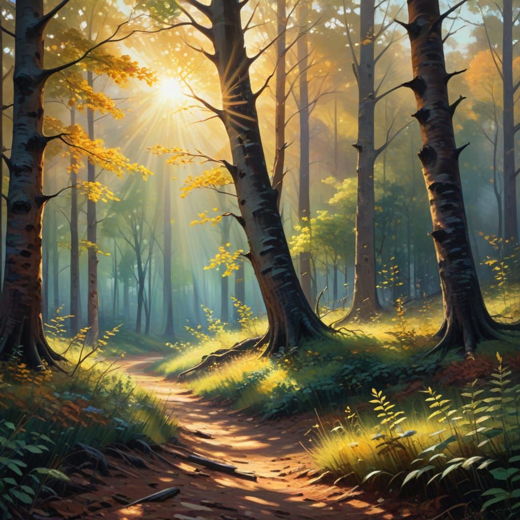 Forest Awakening in Golden Light: An Impressionistic Oil Pai...
