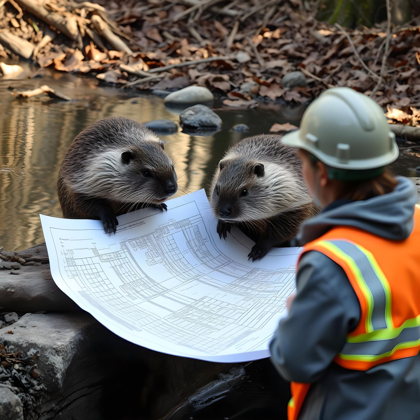 Beavers Study Dam Blueprint in Outfits
