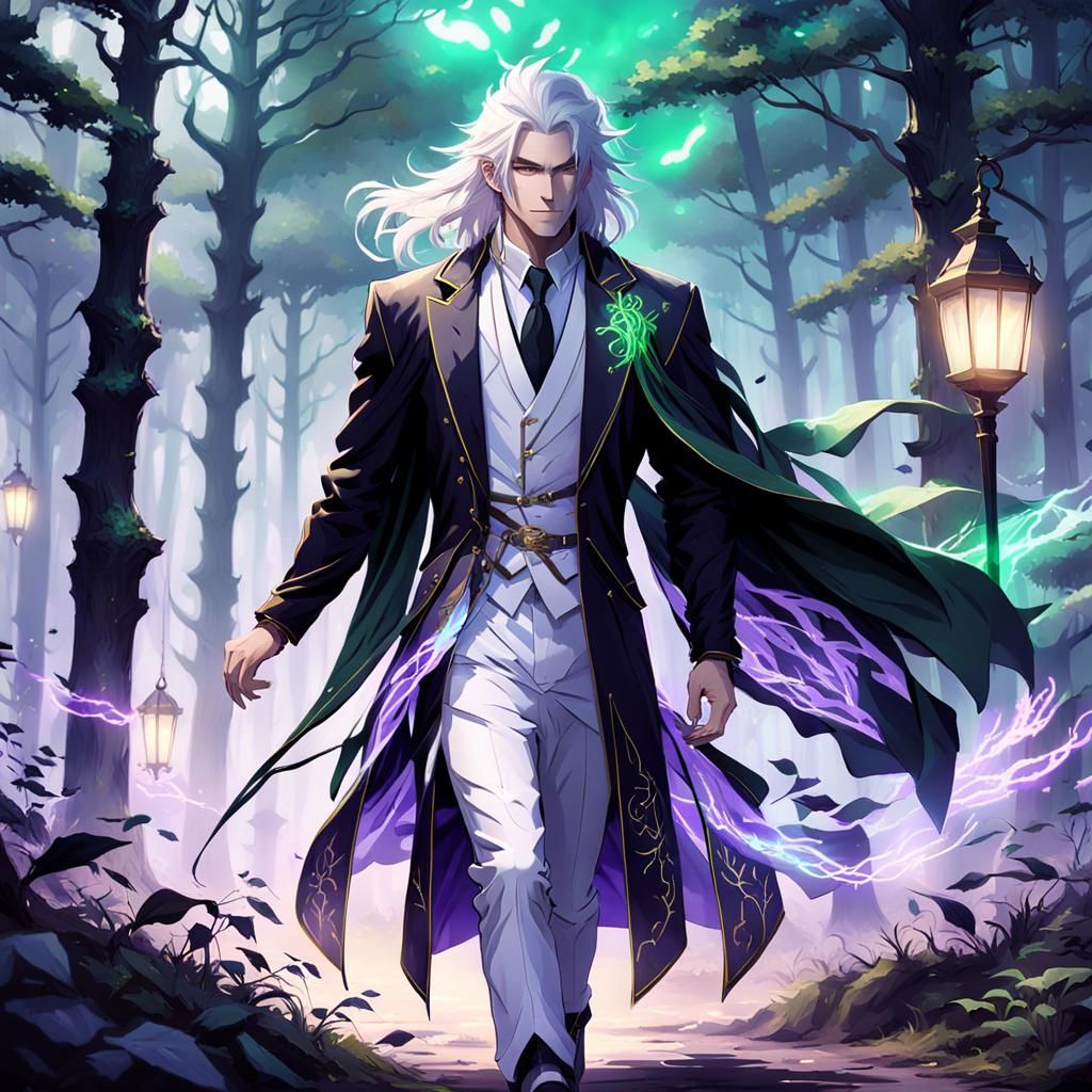 White-Haired Prince in Misty Forest: Dark Fantasy Art