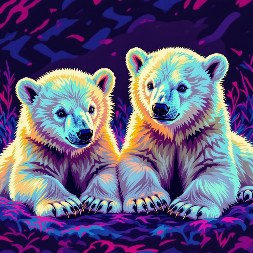 Vibrant Polar Bear Cubs in Lisa Frank Style