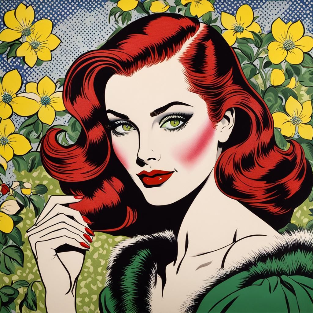 Auburn-Haired Woman with Crimson Bodice in Pop Art Style