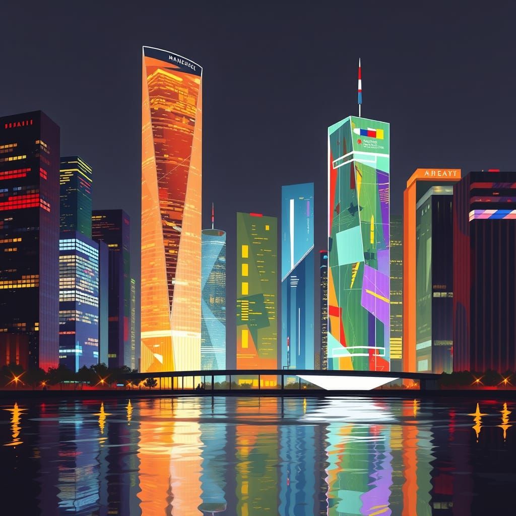 Colorful Glass Cityscape at Night with Reflections