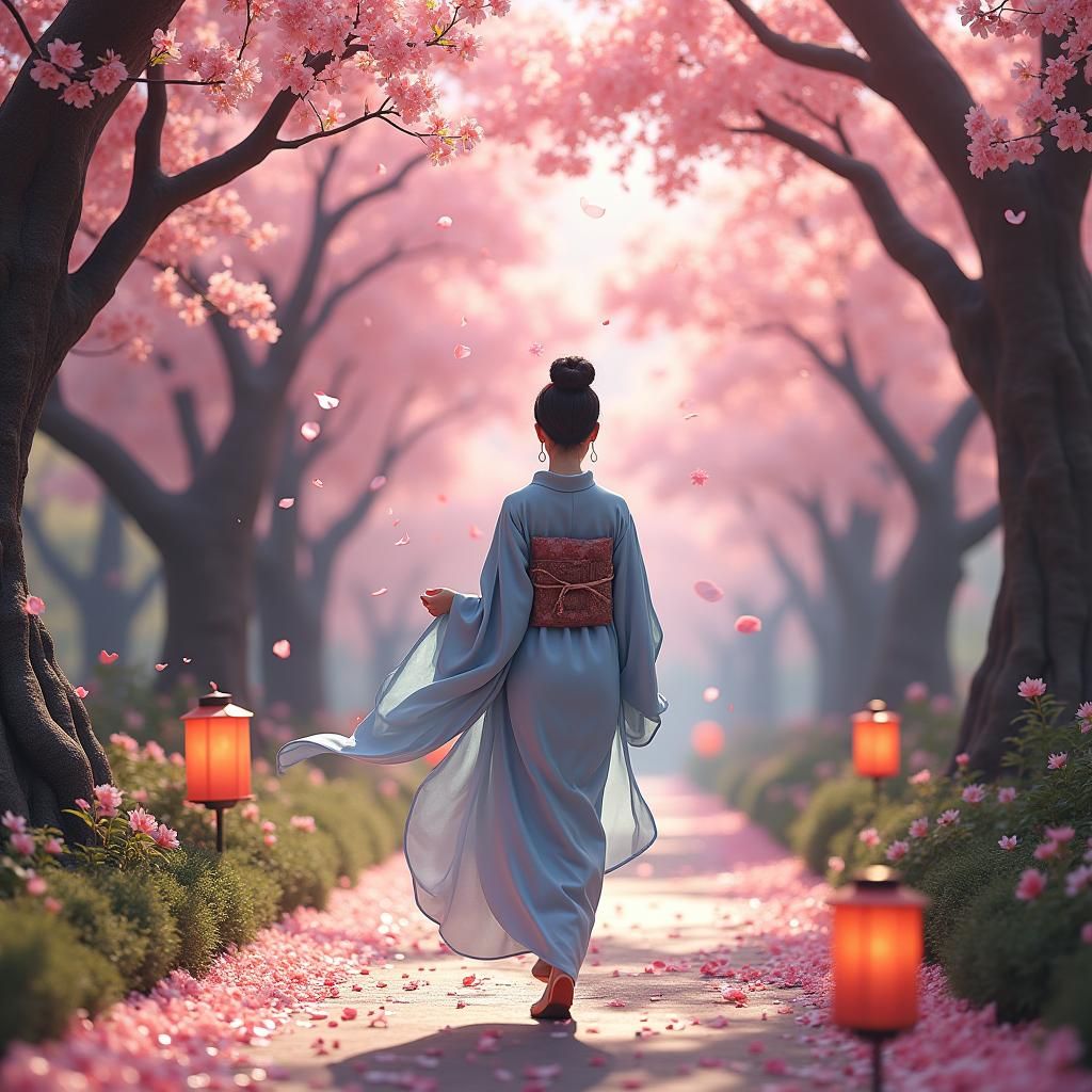 Woman in Cherry Blossom Forest: Matte Painting