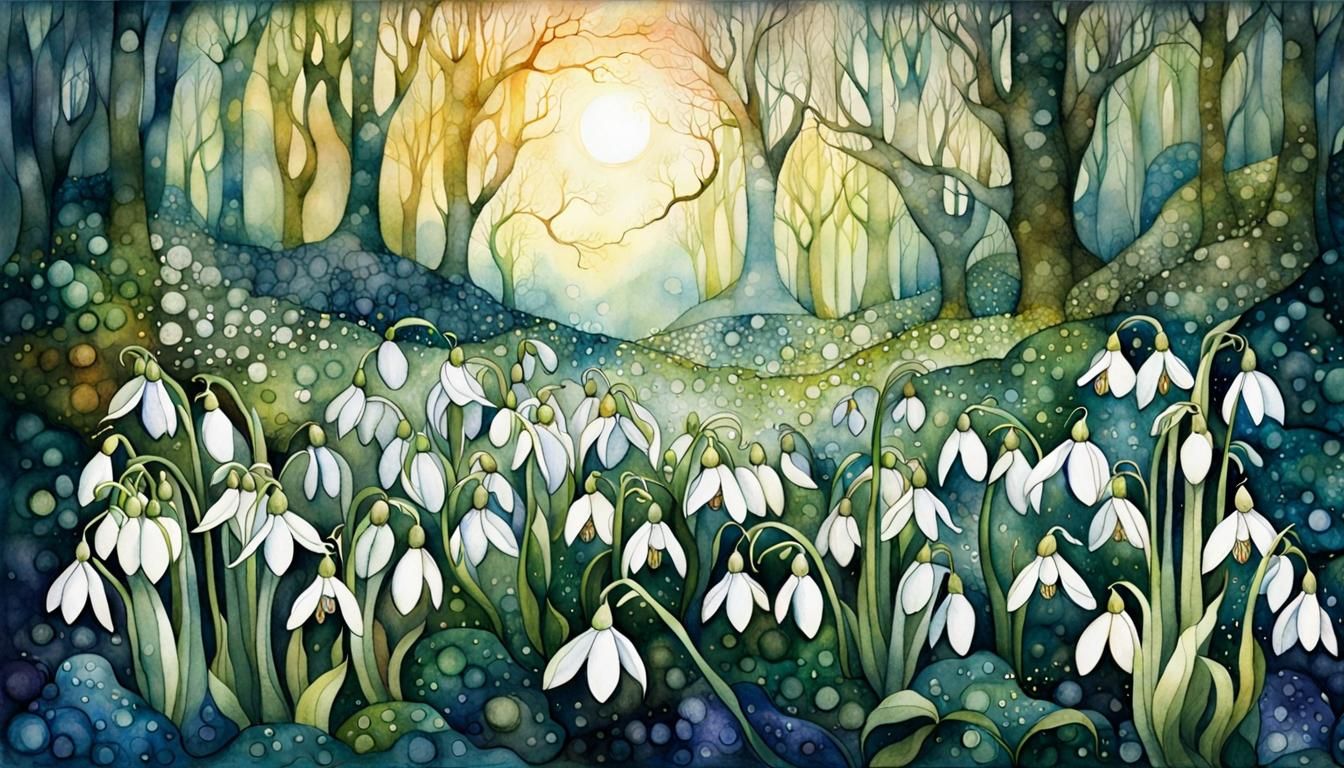 Sun-Drenched Snowdrops in Coloring Book Style