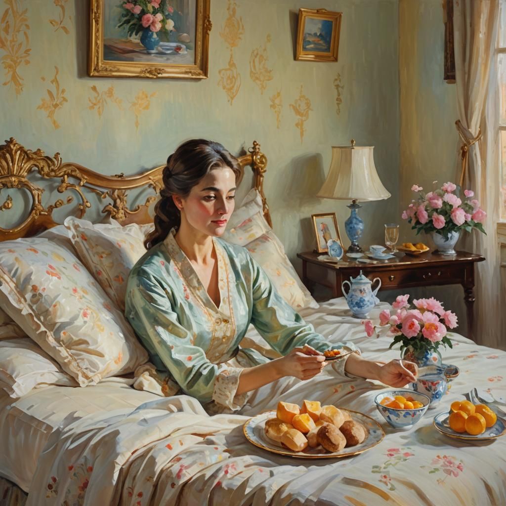 Breakfast in Bed: Impressionist Oil Painting