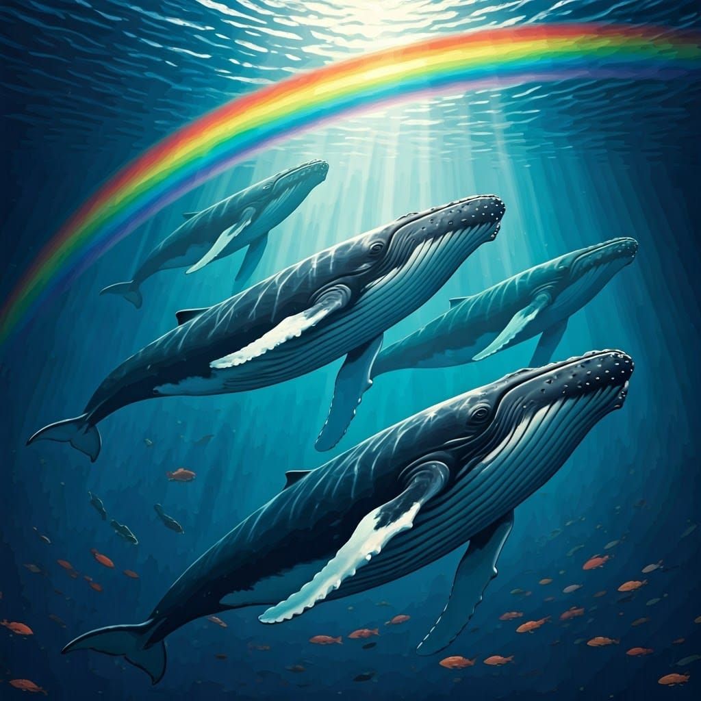 Whales Create Rainbow Arc in Fantasy Marine Art