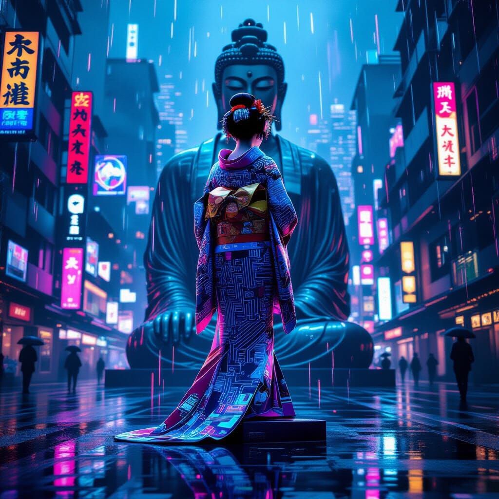 Cyberpunk Geisha in Neon Cityscape, Digital Art