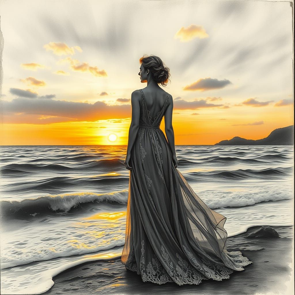 Serene Woman at Ocean's Edge in Hyperdetailed Charcoal Drawi...