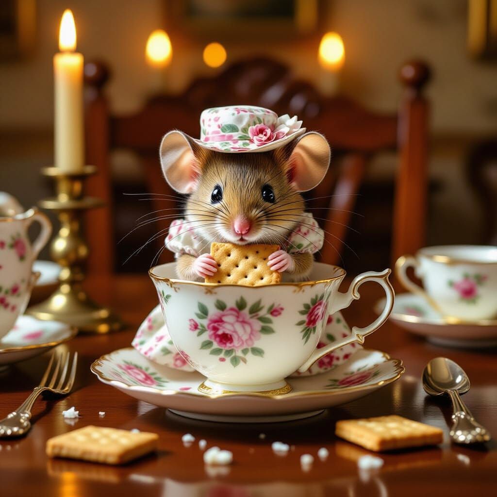 Mouse in Floral Dress Peeking from Teacup, Illustrated Style