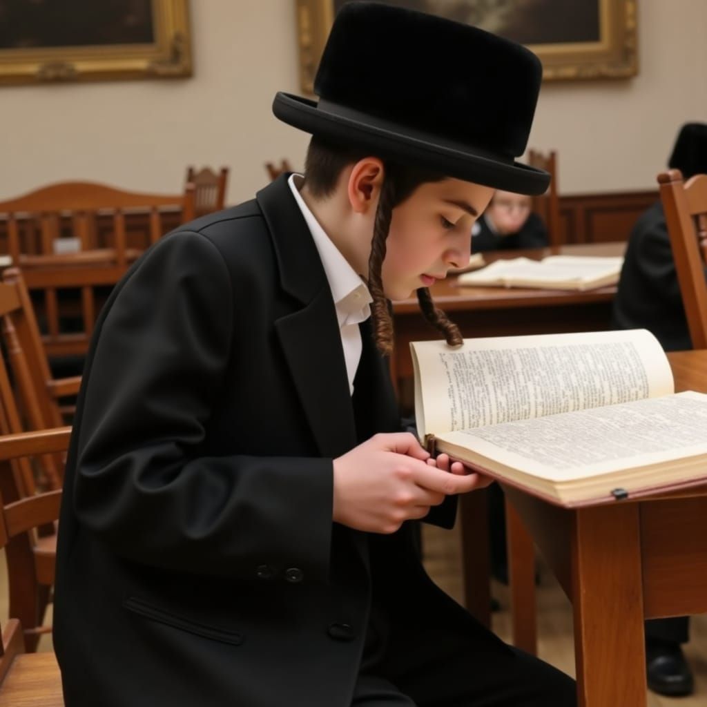 Hasidic Boy in Deep Study in Traditional Beit Midrash