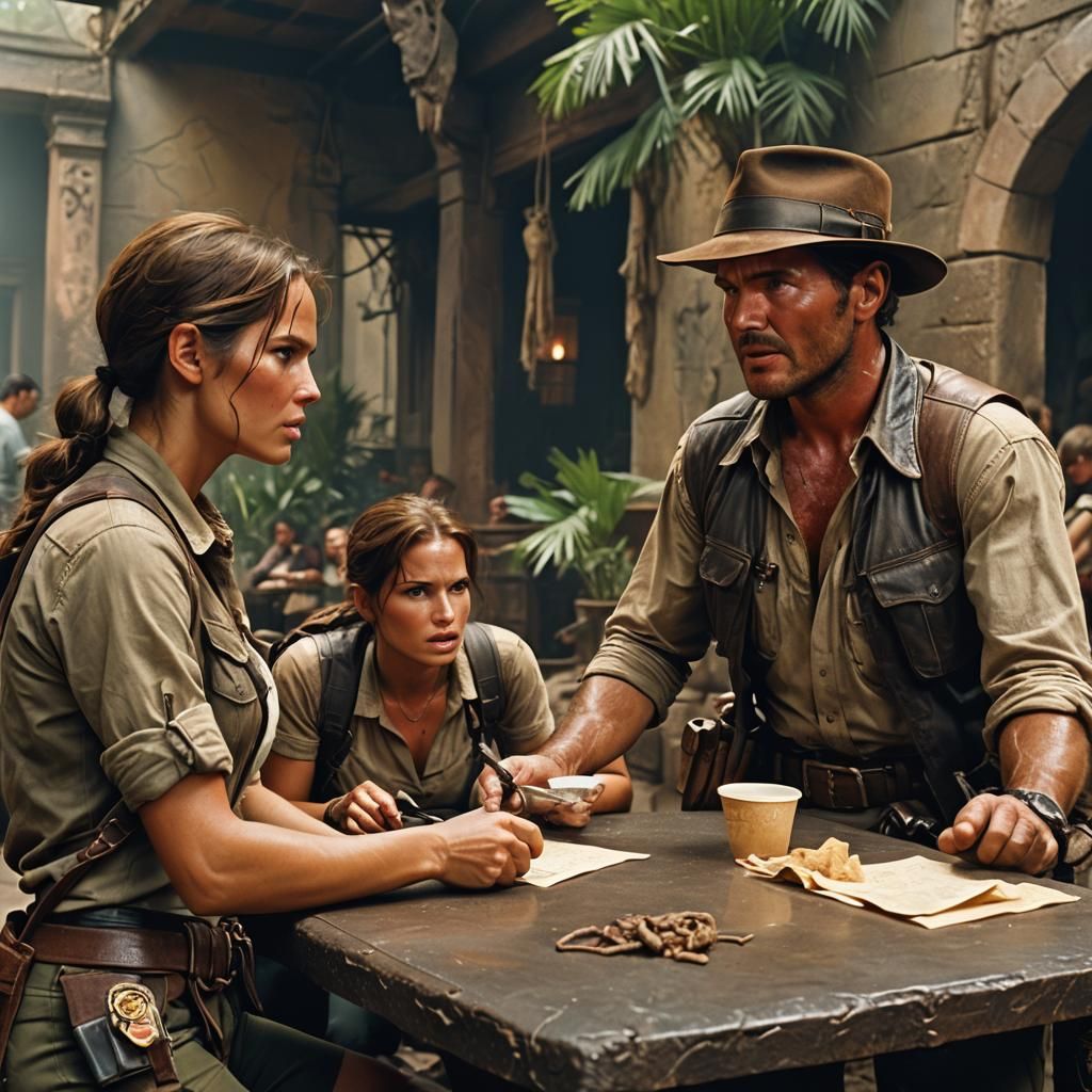 Lara Croft and Indiana Jones Argue: Cinematic Film Still