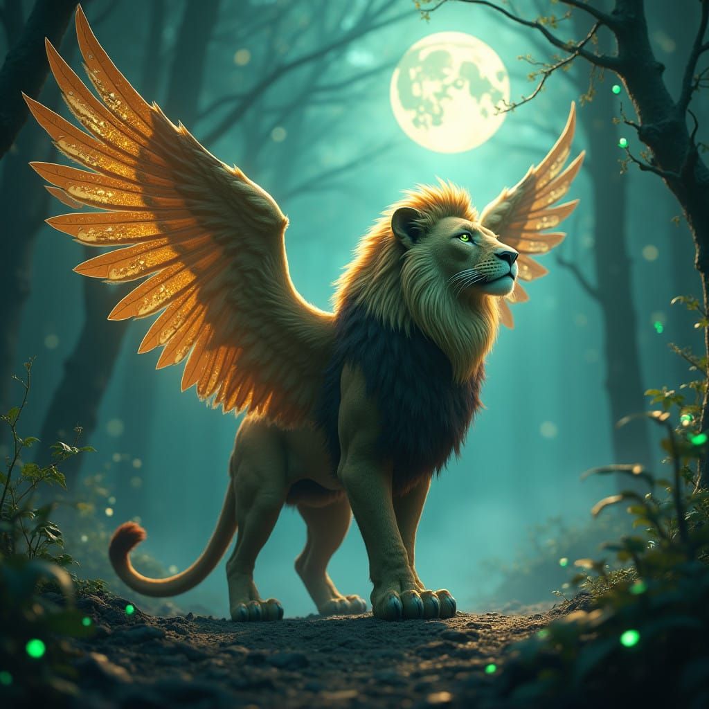 Ethereal Lion Eagle Hybrid Reigns in Mystical Forest