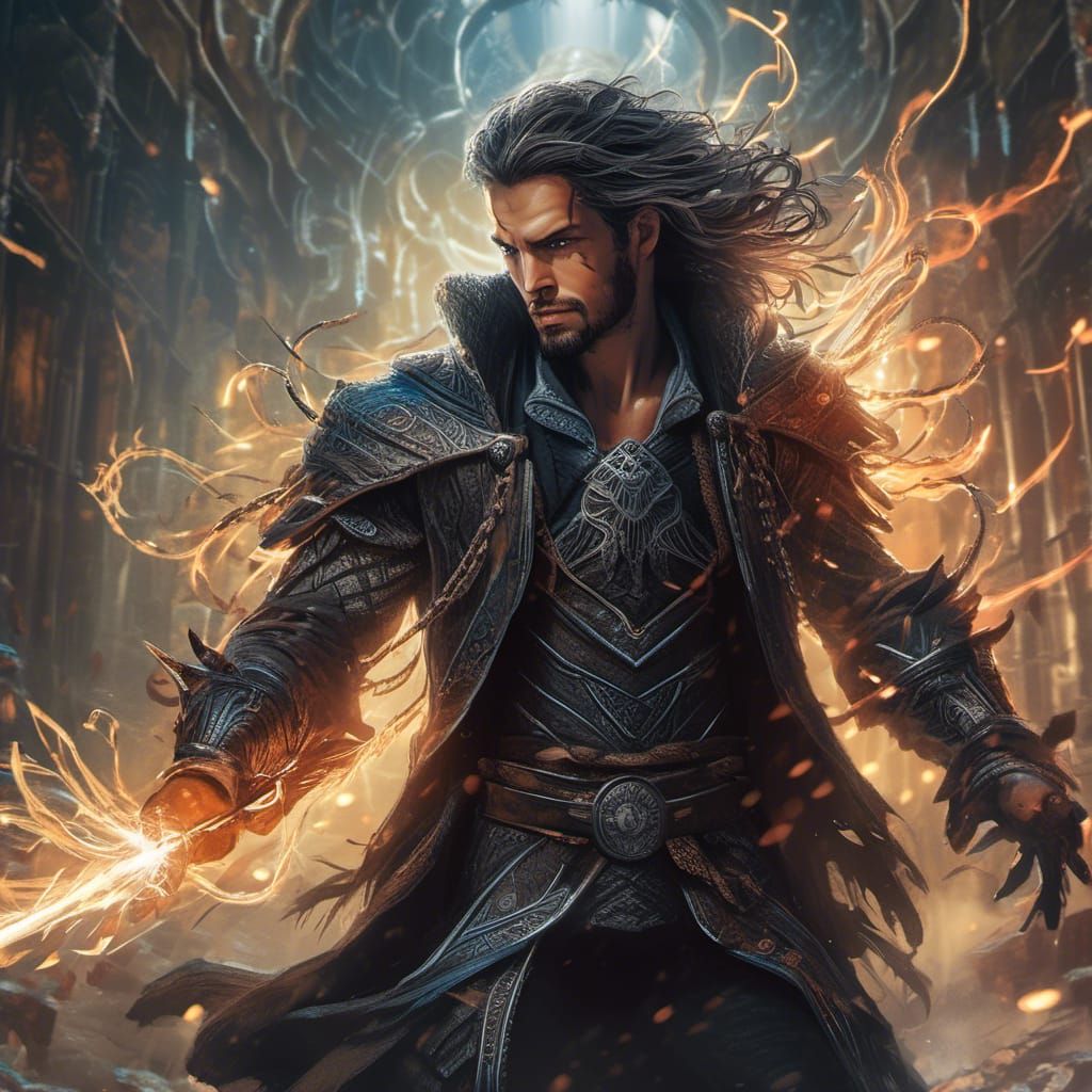 Cosplaying Man with Futuristic Circuitry Background