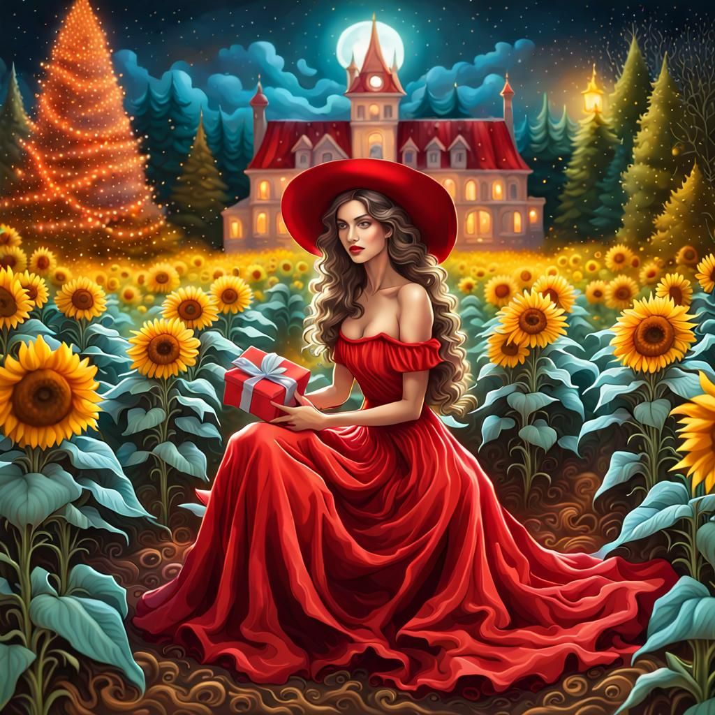 Festive Christmas sunflower field and beautiful lady