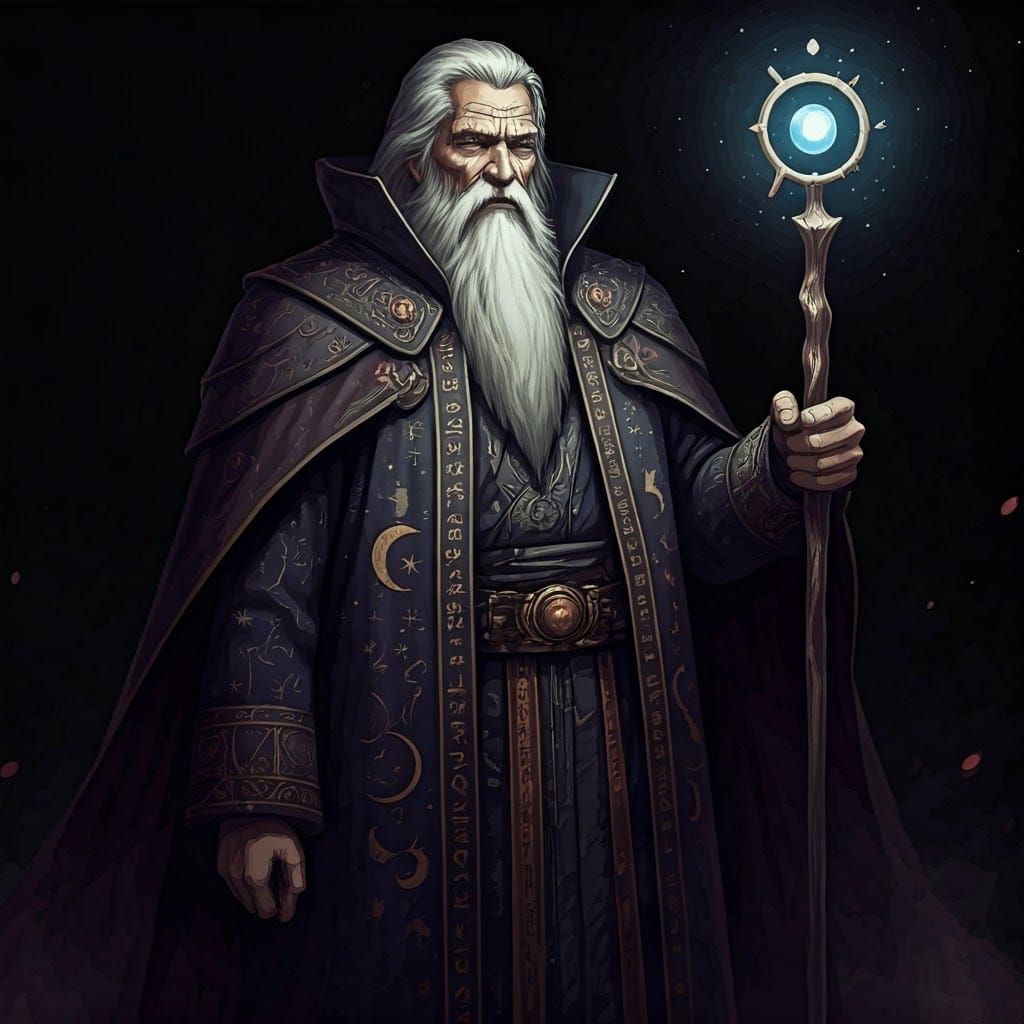 Mysterious Old Man with Magic Staff, Cel-Shaded Art
