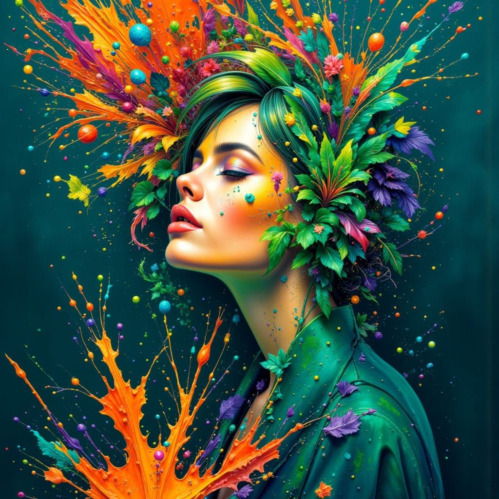 Woman's Face Erupts in Joyful Abstract Art