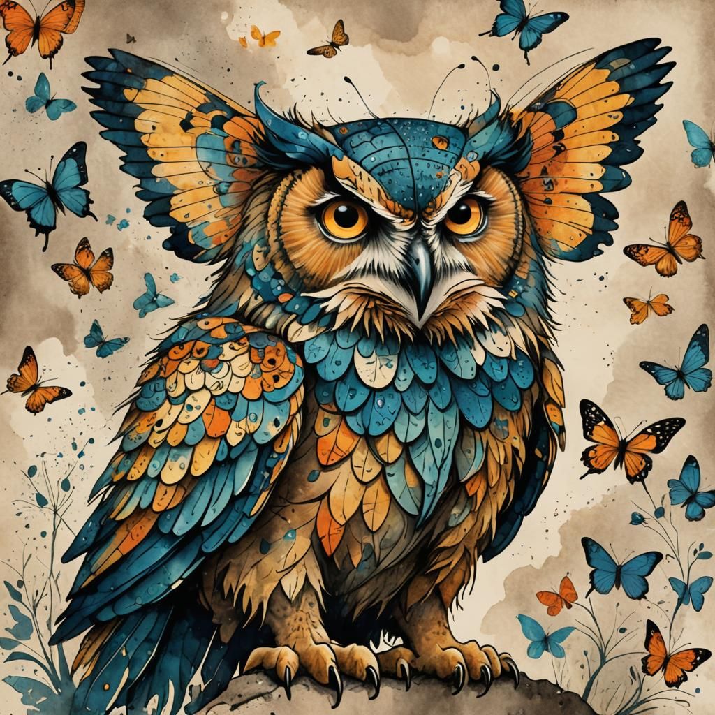 Lion Owl with Butterfly Wings Watercolor Illustration