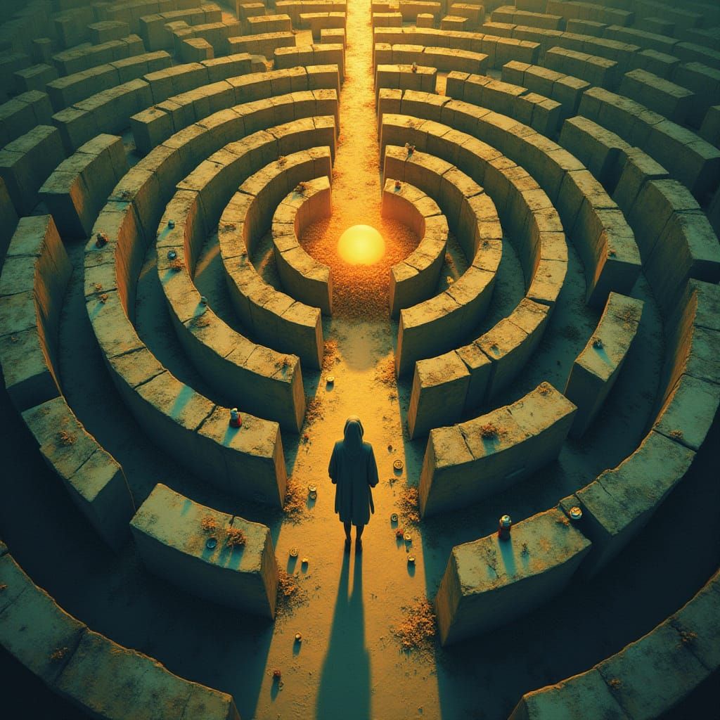 A Lone Figure Navigates the Maze of the Mind in Vibrant, Sym...