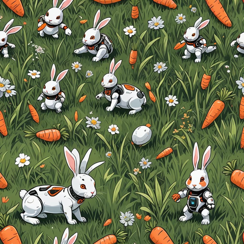 Cute Cyborg Rabbit Playing in Grass
