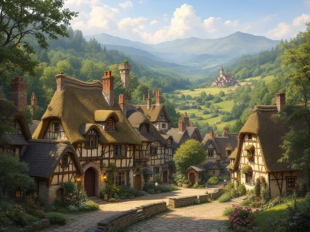 Quaint Medieval Village Scene in Warm Golden Light