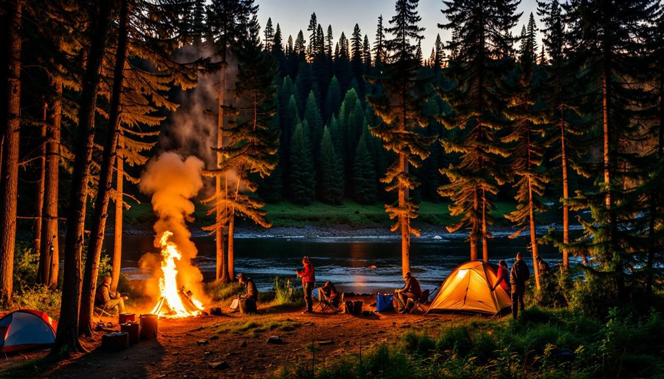 Idyllic Campsite Between Forest and River at Dusk