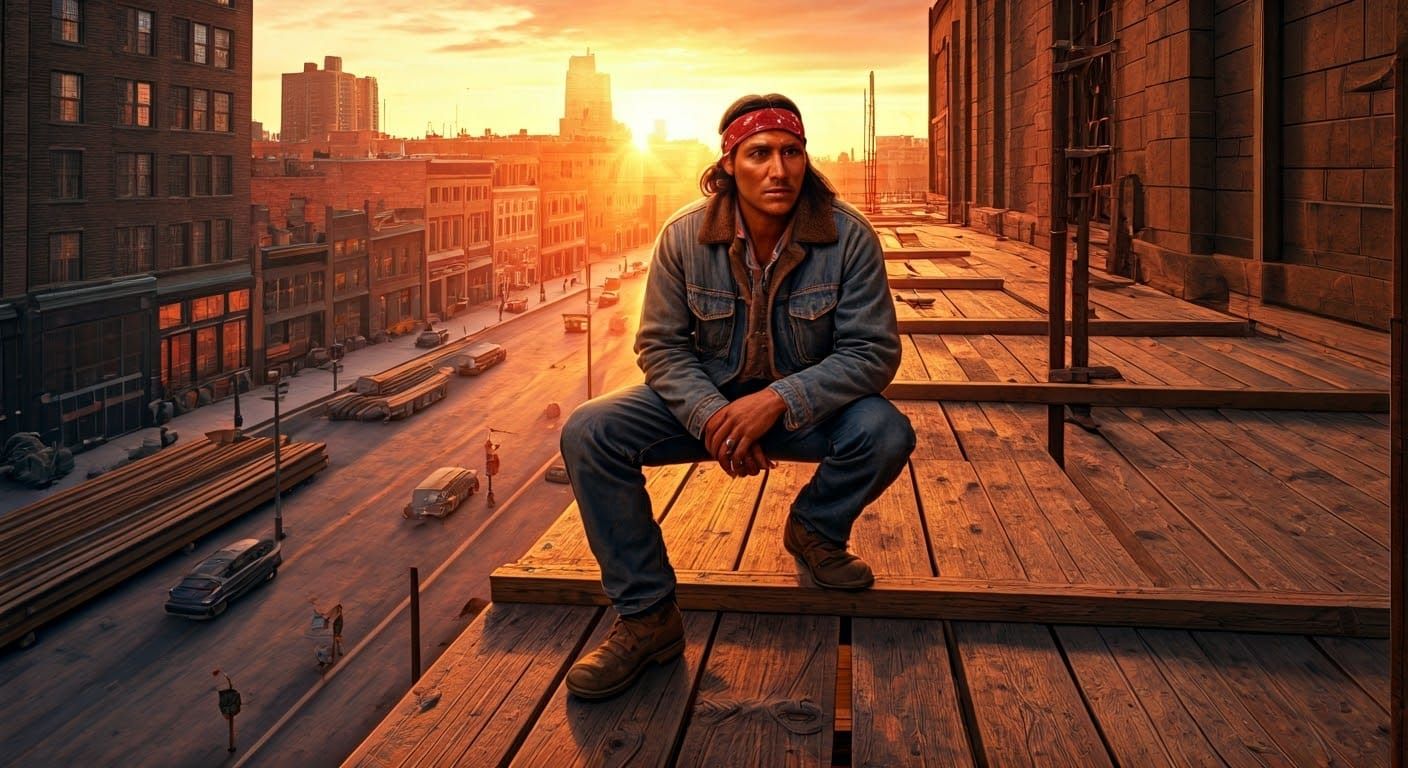 Construction Worker on Scaffolding at Sunset
