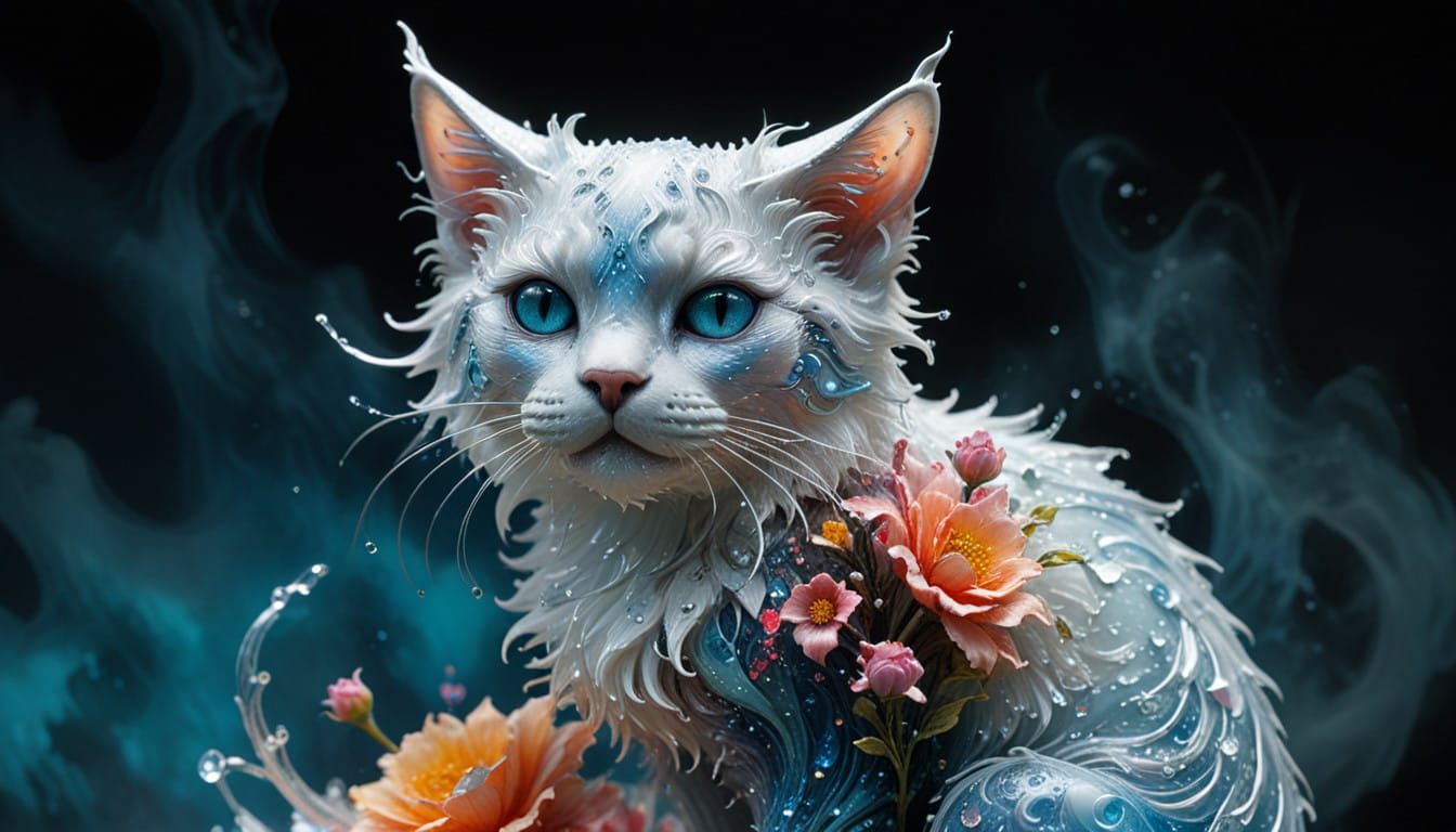 Surreal Ice Sculpture of Cat Amidst Vibrant Blooms