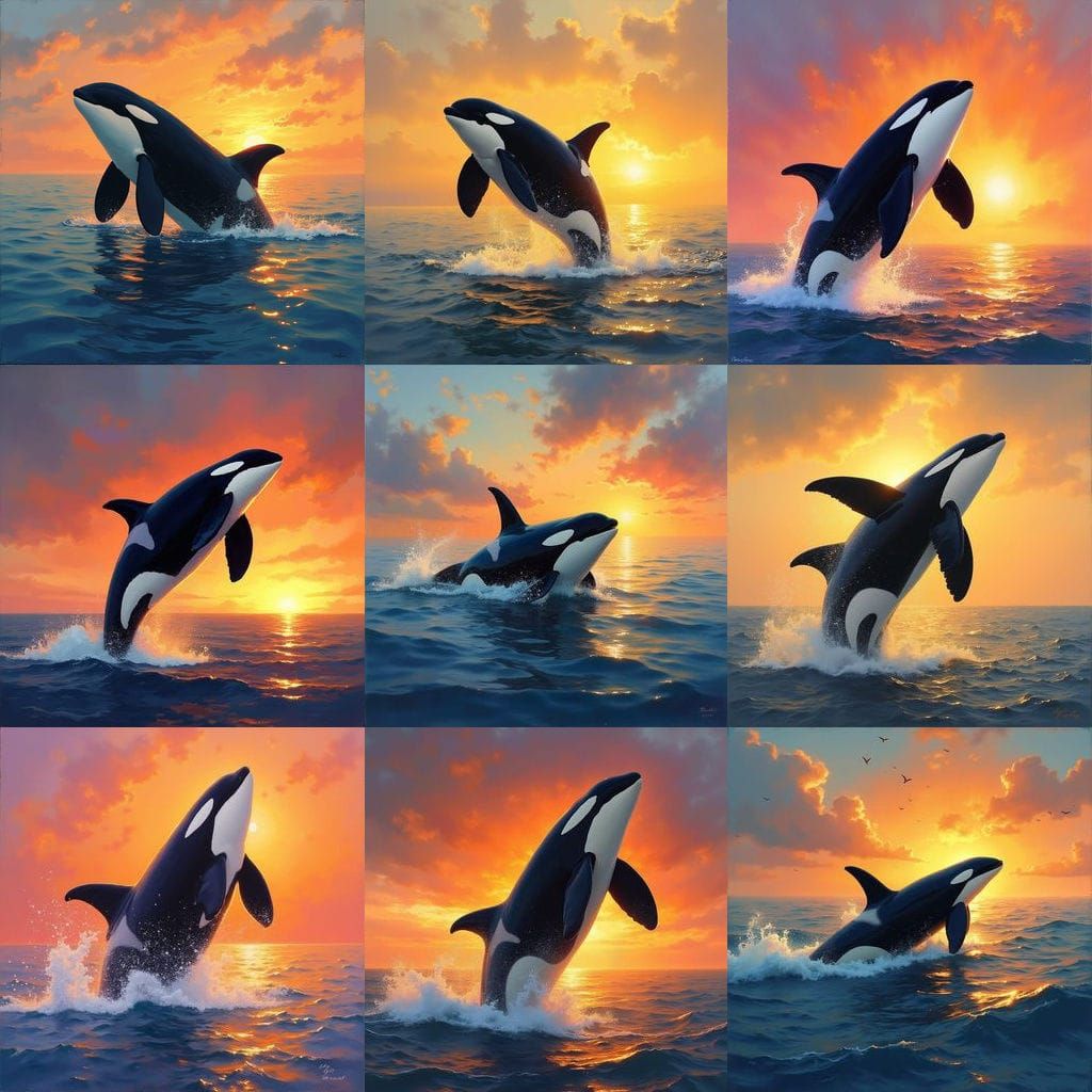 Orca Whale Spyhopping at Sunset: Oil Painting