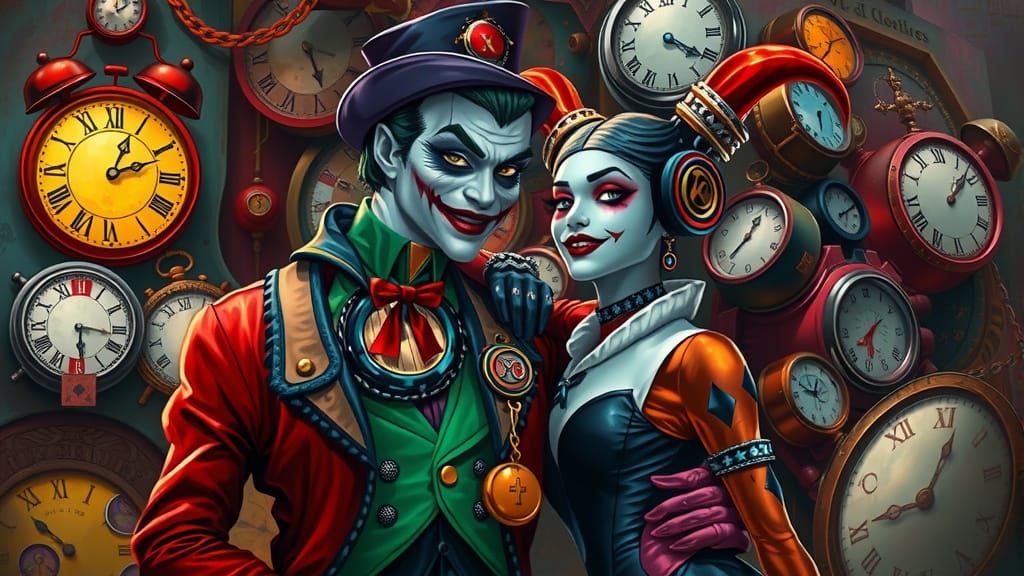 Joker and Harley Quinn in Steampunk Surreal Dreamscape