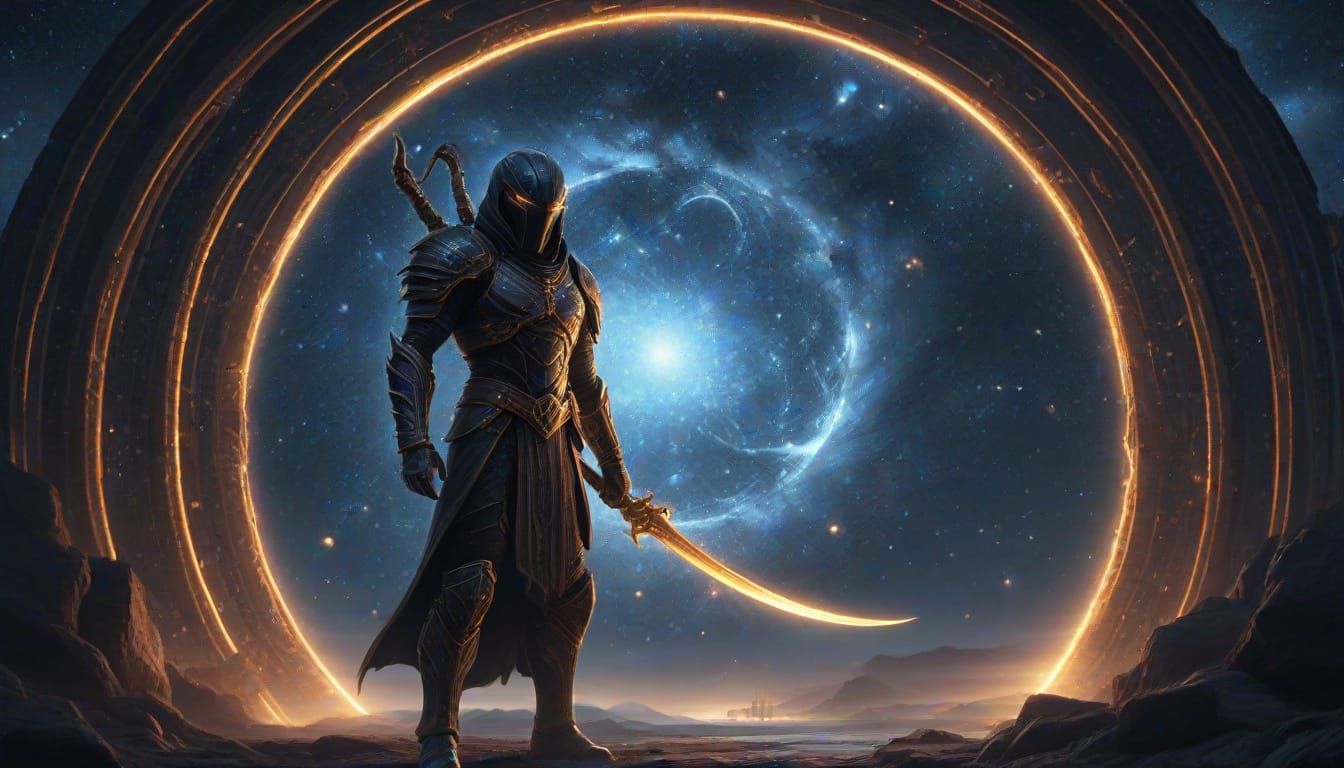 Celestial Warrior Guards Cosmic Gateway in Epic Fantasy Art
