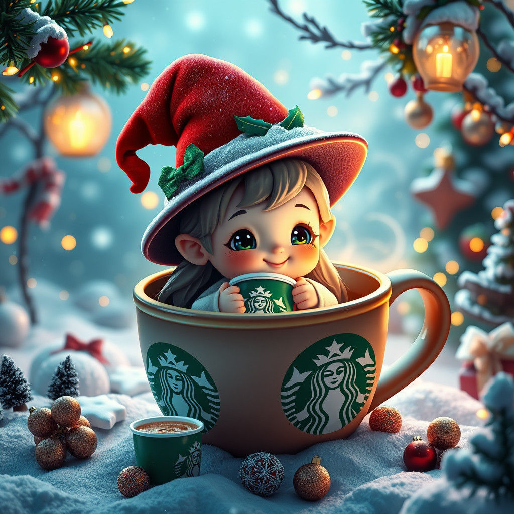 Whimsical Witch Baby in Snowy Christmas Scene