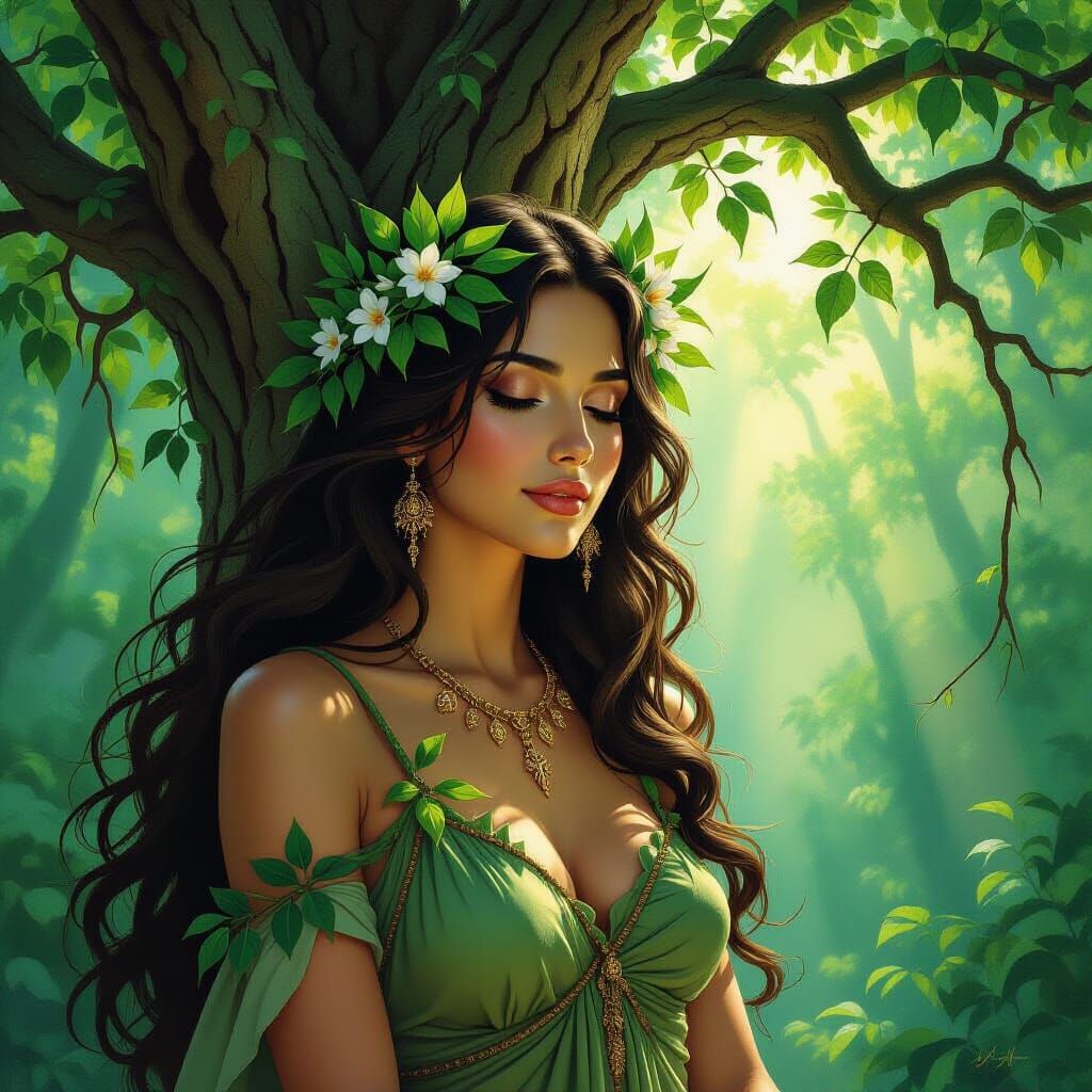 Asherah Hebrew Goddess in Verdant Forest Oil Painting