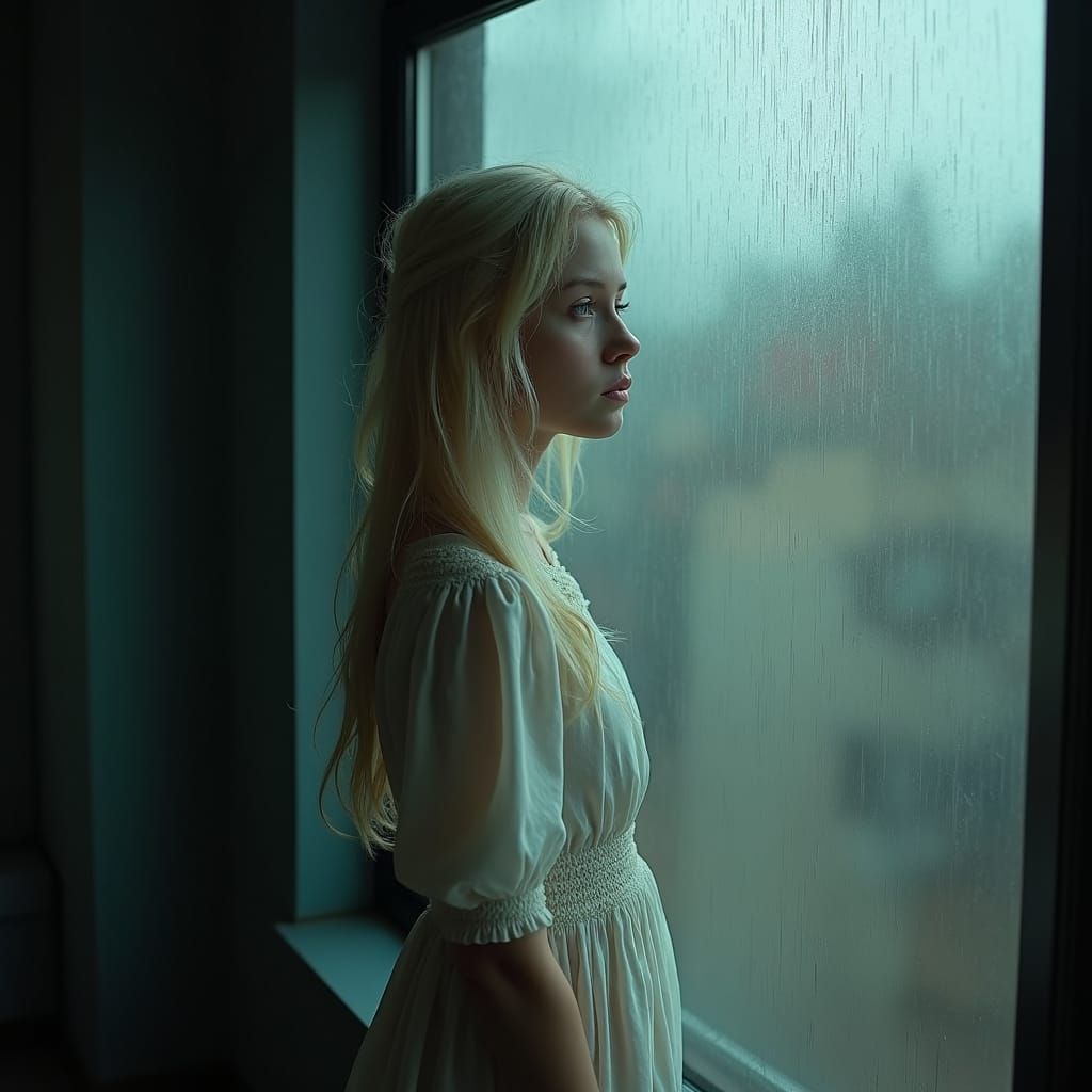 Girl in Rain: Cinematic Vintage Photograph