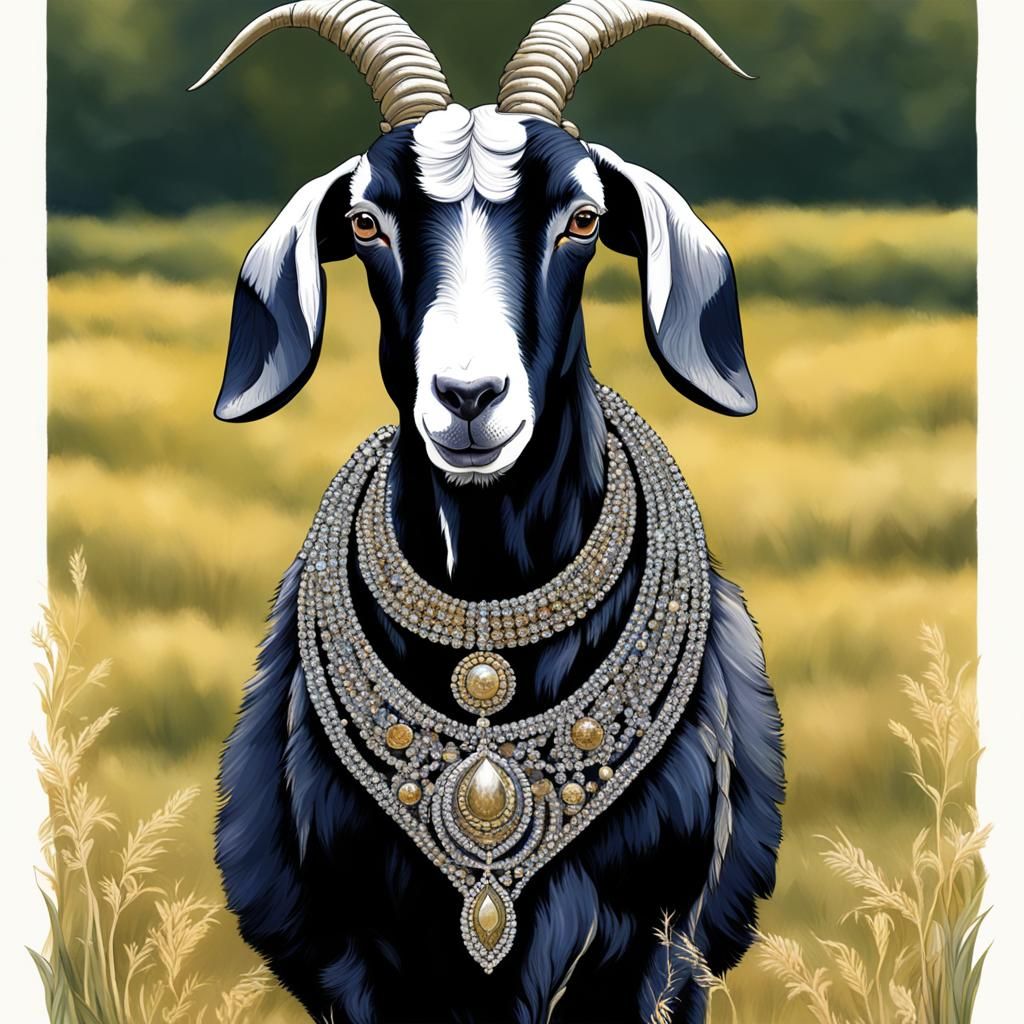 Blingy obsidian Nubian goat standing in a field. naïve art