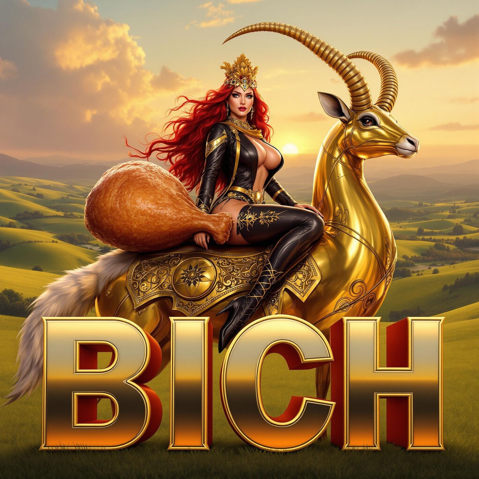 Woman on Golden Gazelle in Comic Book Style