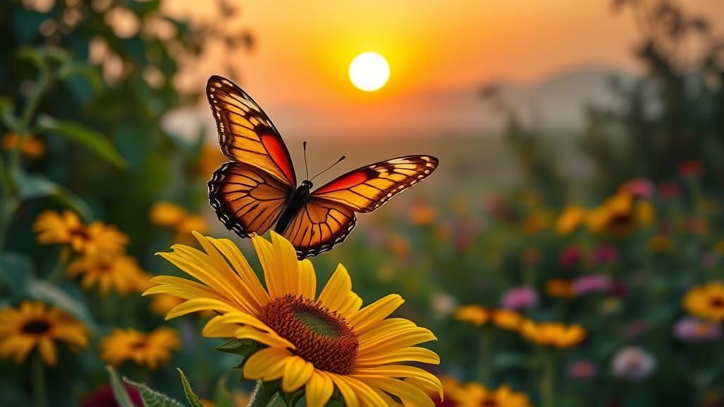 Hyperrealistic Butterfly on Sunflower in Sunrise Garden