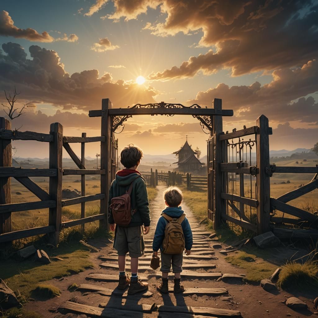 Child at Gate in Misty Sunset Landscape