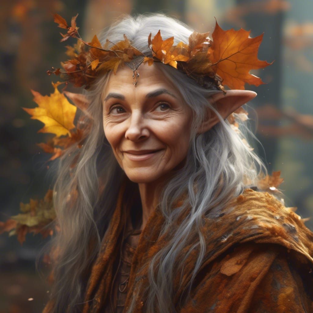 Wise Elven Wizard in Autumn Wood, Realistic Photo