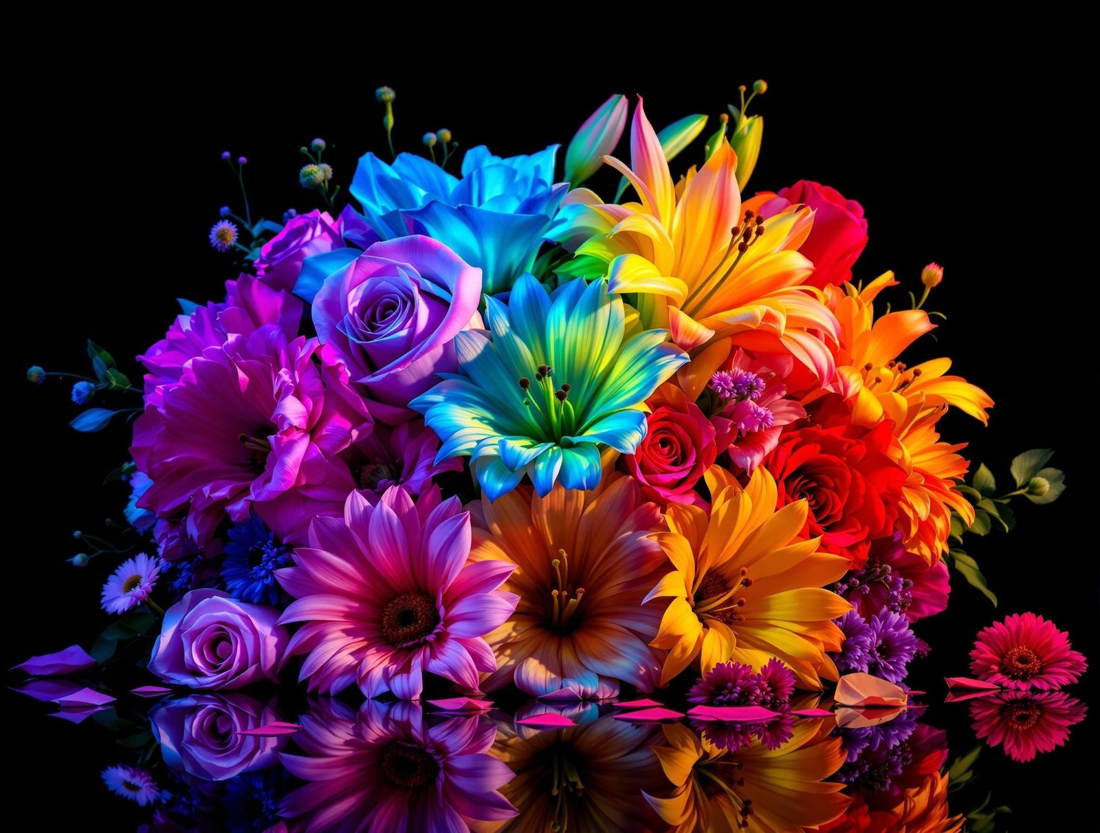 Vibrant Anime Still Life of Rainbow Flowers in Deep Black St...
