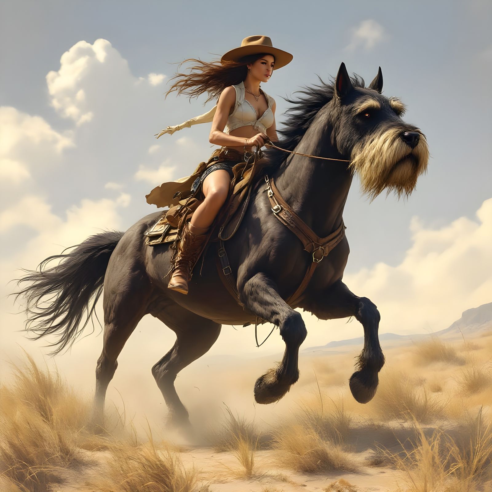 Cowgirl Riding a Schnauzer-Horse Hybrid in a Sun-Drenched La...