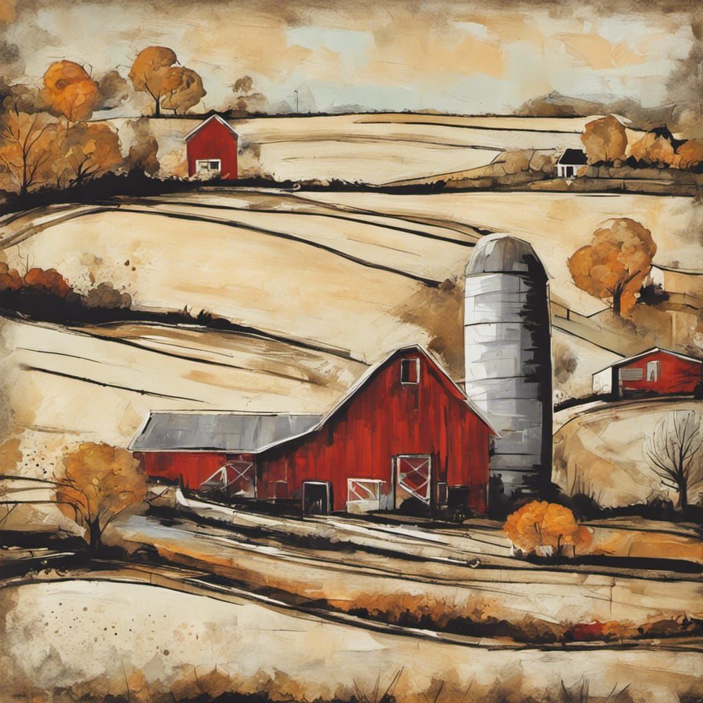 Abstract Farm Painting in Complementary Colors